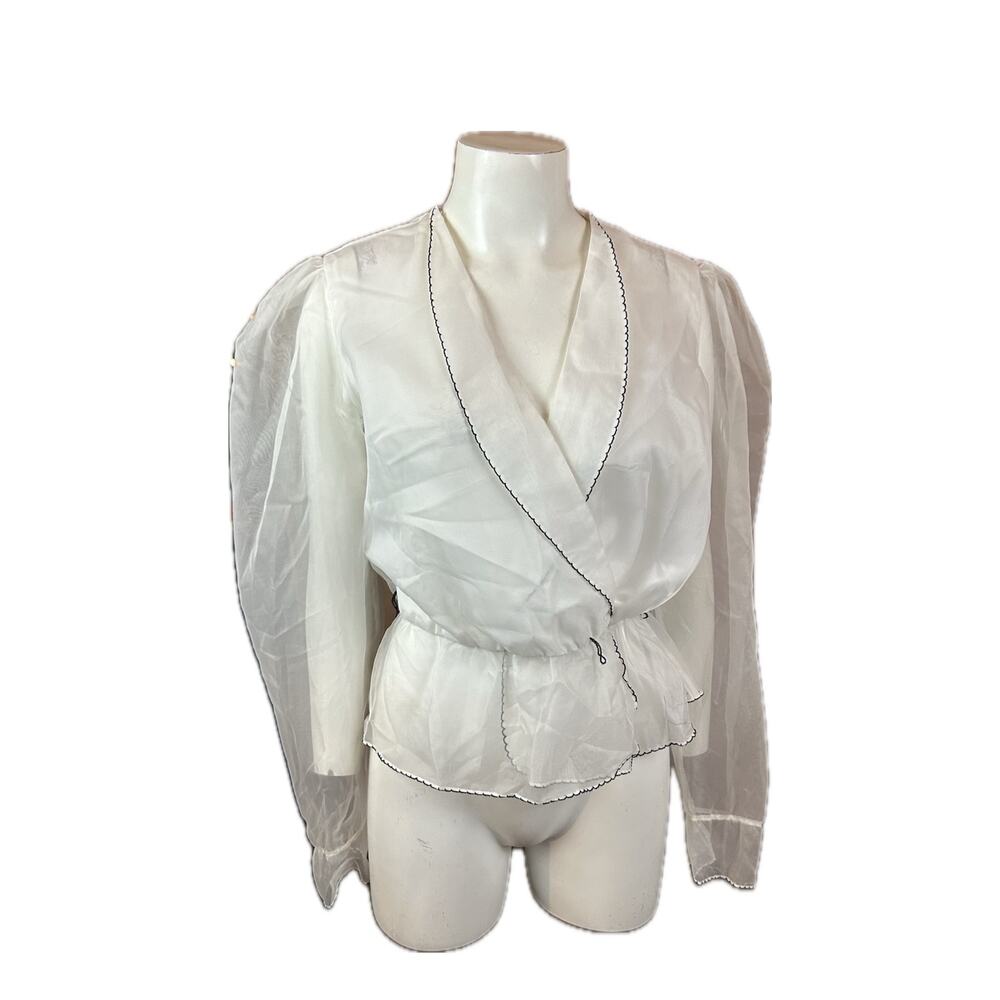 Vintage 1980s Sheer Peplum Blouse Puff Sleeve 80s Wrap Top / Medium